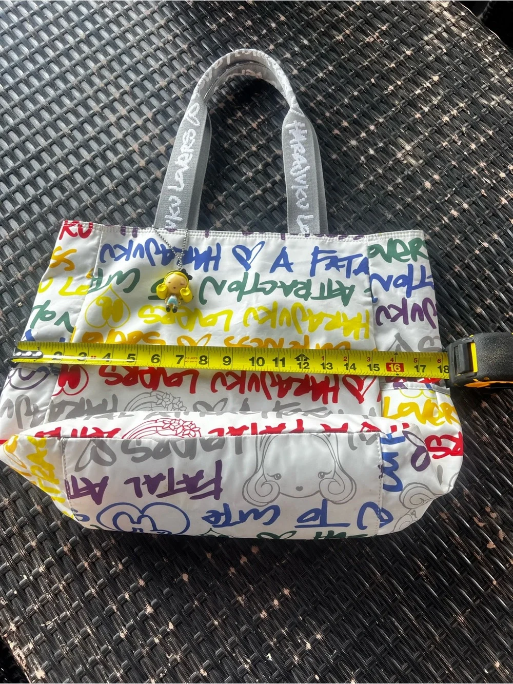 Harajuku Lovers White Multicolor Graffiti Tote with Gray Straps and Yellow Charm